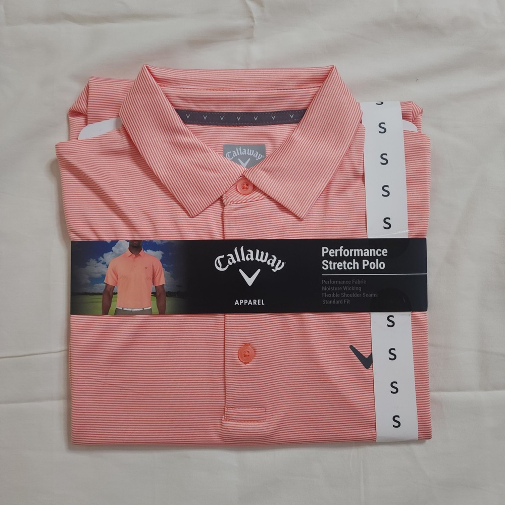 Callaway Performance Stretch Polo Mens Small Coral Chic Striped Opti-Dri Golf